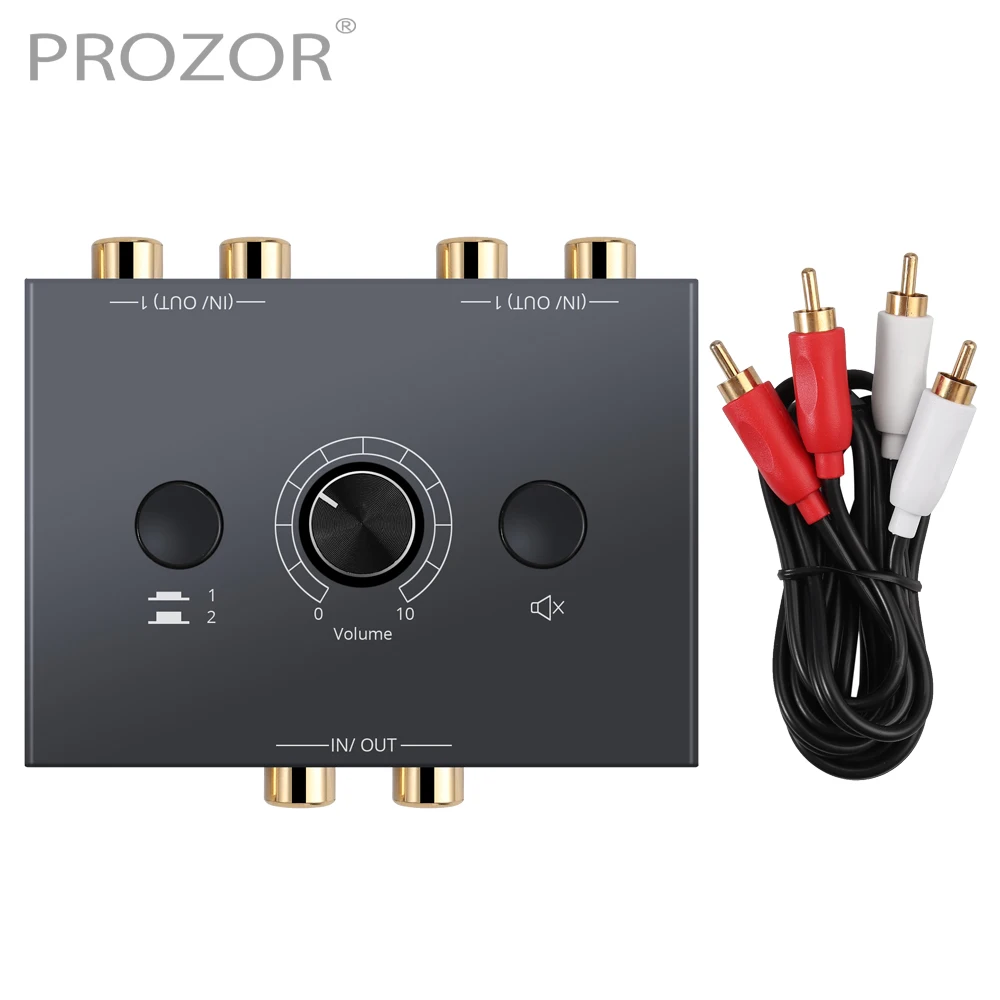 PROZOR 2x1/1x2 RCA Stereo Audio przełącznik Splitter R/L Audio AB dwukierunkowy przełącznik z przyciskiem wyciszania obsługa Plug and Play