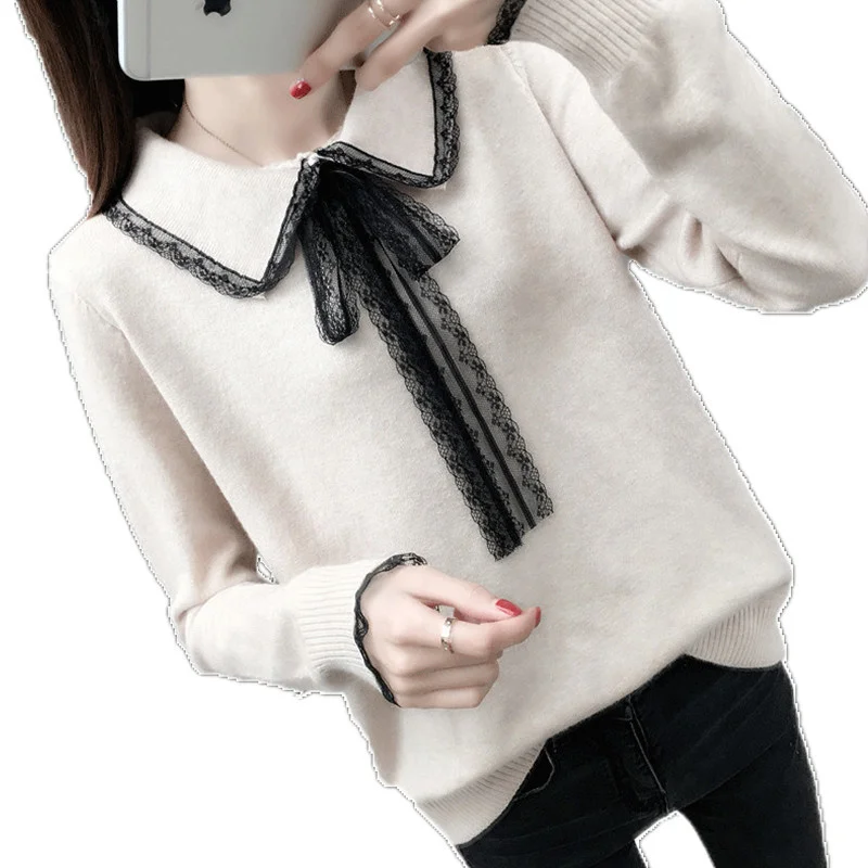 Bow Tie Autumn winter Sweaters Lace Patchwork Turn Down Collar Sweater Women Pullovers New Loose Lazy Knitted Sweater Tops