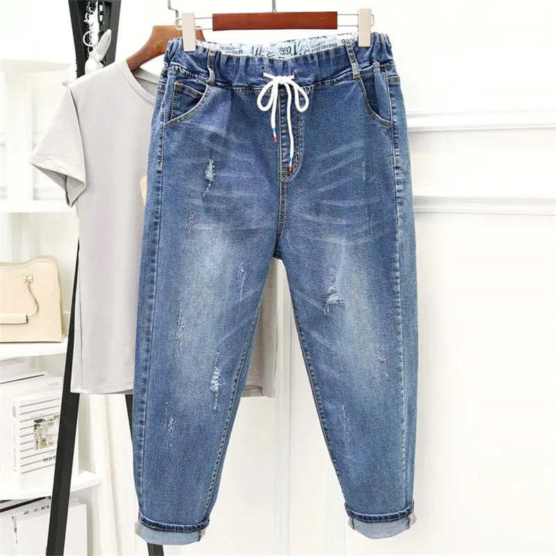 5XL Women Denim Pants New Spring Summer Casual Elastic High Waist Pants Vintage Hole Nine Points Jeans Harem Pants 300