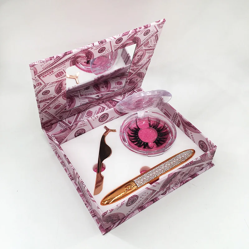 New Magnetic Mirror Box with Black Eyeliner Pen Lash Tweezers Dramatic 3D Mink Eyelashes Set