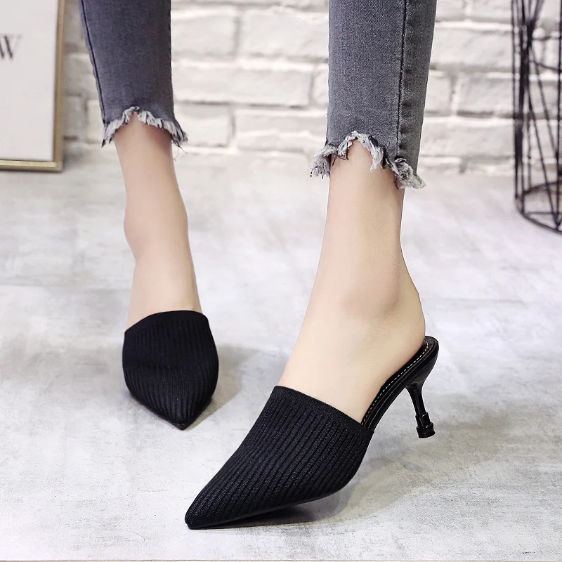 New Knitting Pointed Slipper Fashion Women Half Slippers Slides High-Heeled Stilettos Beige Mules Loafers Casual Slipper