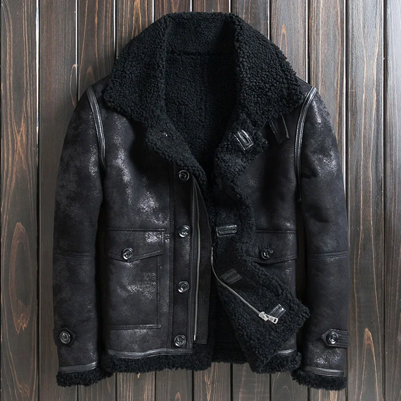 Shearling Men Real Leather Short Hooded Jacket Biker Natural Fur Hat Detachable Outerwear Winter Safari Style Warm Wool Coat