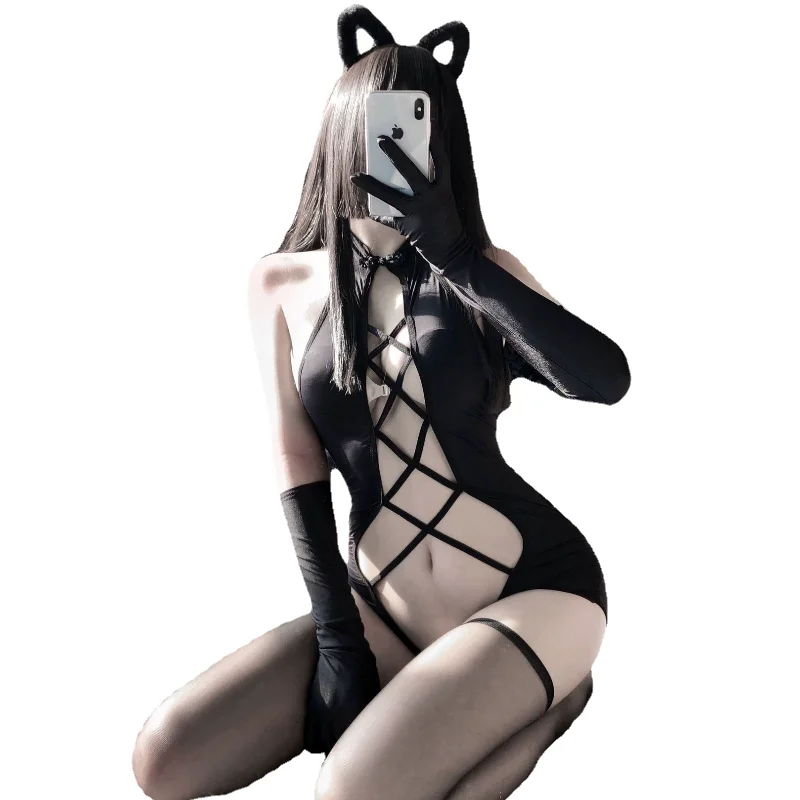 Sexy Lingerie Halter Lace One-piece Mesh Hollow Swimsuit Sexy Anime Lingerie Lolita Cartoon Cosplay Devil Costume