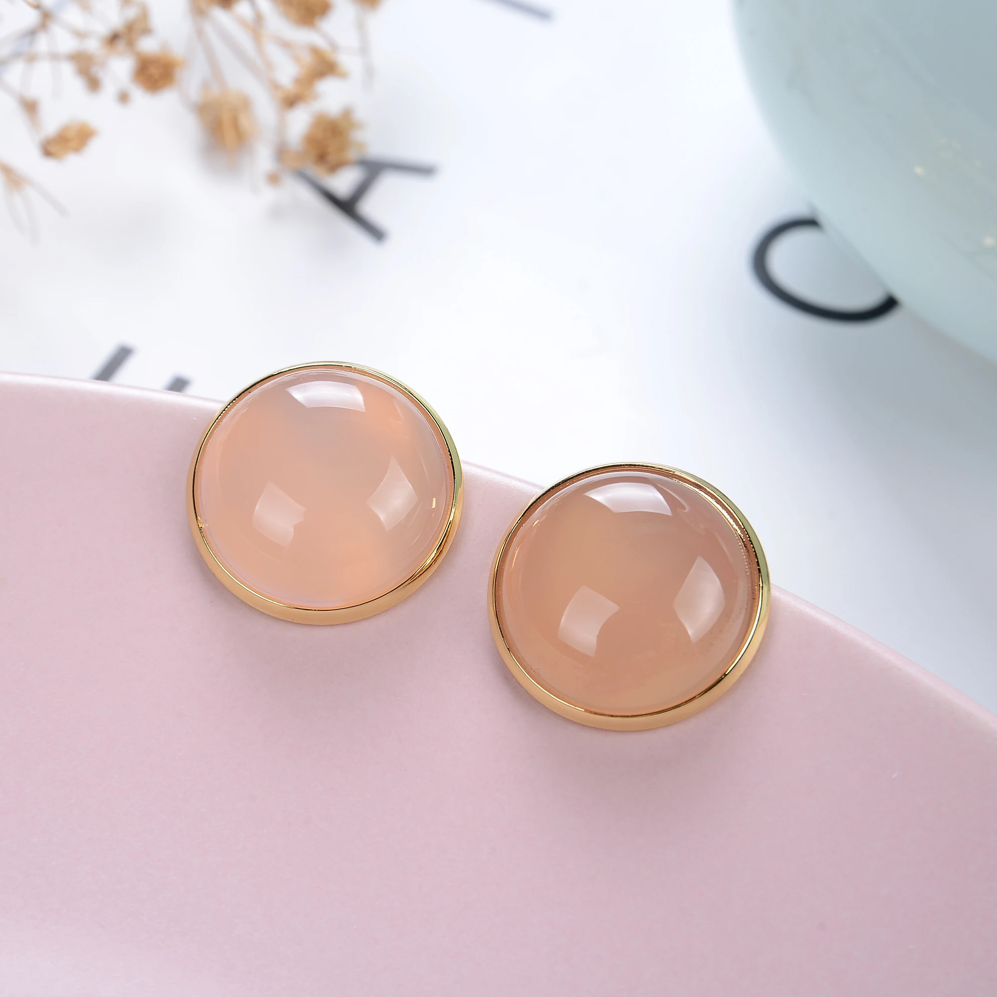 Korean Design Elegant Natural Stone Big Round Clip On Earrings Non Pierced Tiger Eye Stone Ear Clips For Women Jewelry Wholesale