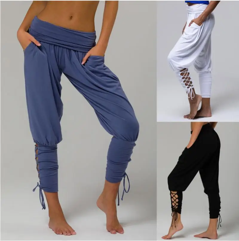 Summer Women's Sports Pants High Waist Pockets Drawstring Leggings Large Size Jogging Yoga Sports Pants