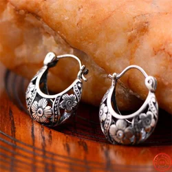 BOCAI S925 Sterling Silver Earrings Hollow Out Flower Basket Retro Old Totem Ear Clips Pure Argentum Ear Jewelry For Women