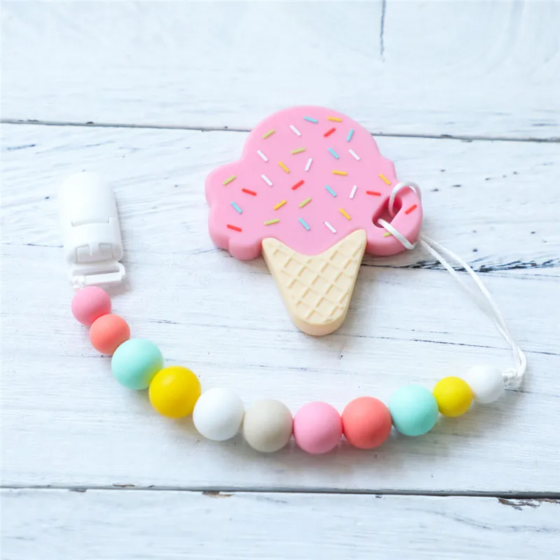 

1PC Handmade Pacifier Clip Holder Chain 60g Customizable Logo Silicone Beads Ice cream shape Teether Toys Nipple Holder 2020 New