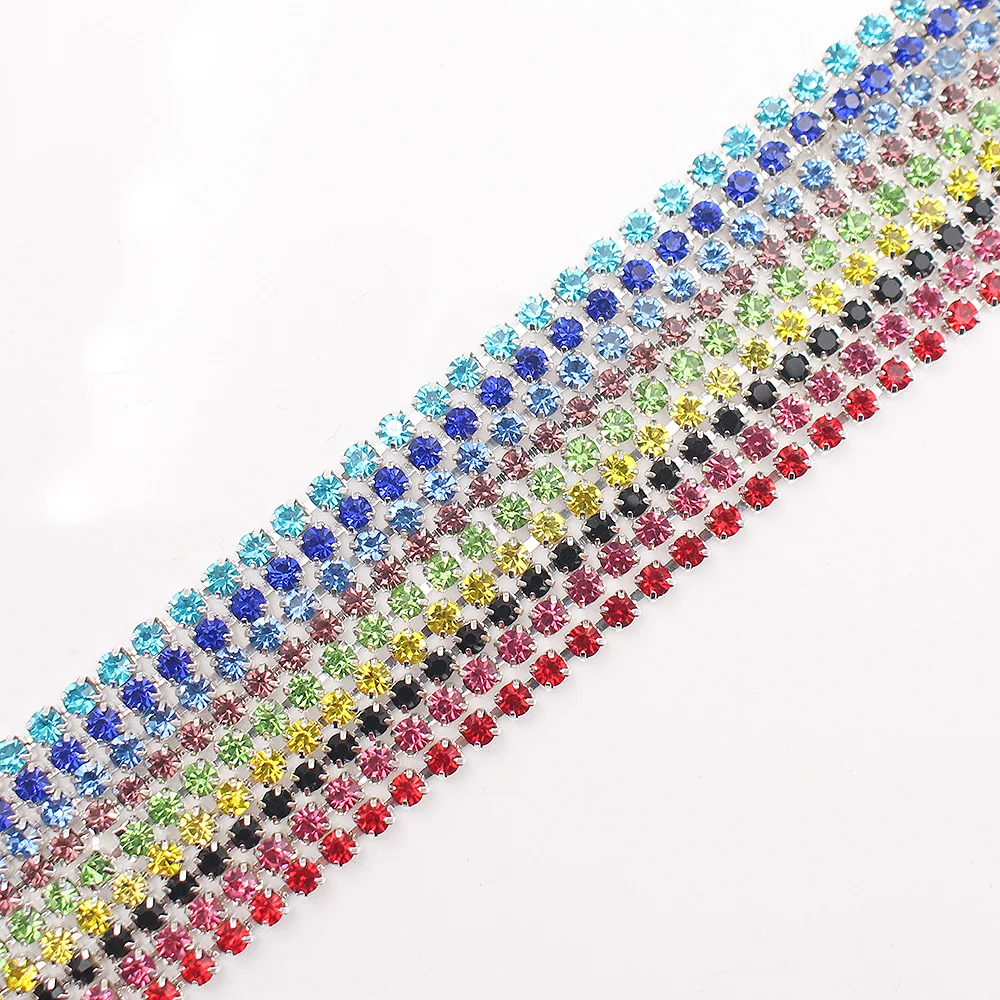 1 Meter Rhinestones Chain Silver Base Shine Crystals Stones Strass Trim Sewing Rhinestones for Needlework Cothing Gems Crafts