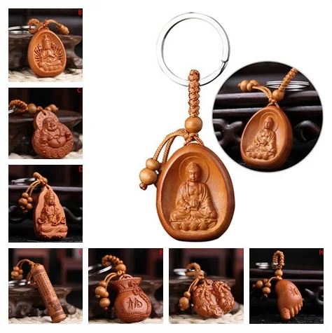 1PC Wood Carving Buddha Pendant Keychain Lucky Jewelry Buckle Unisex Chinese Buddha Keyring For Car Bag Wholesale