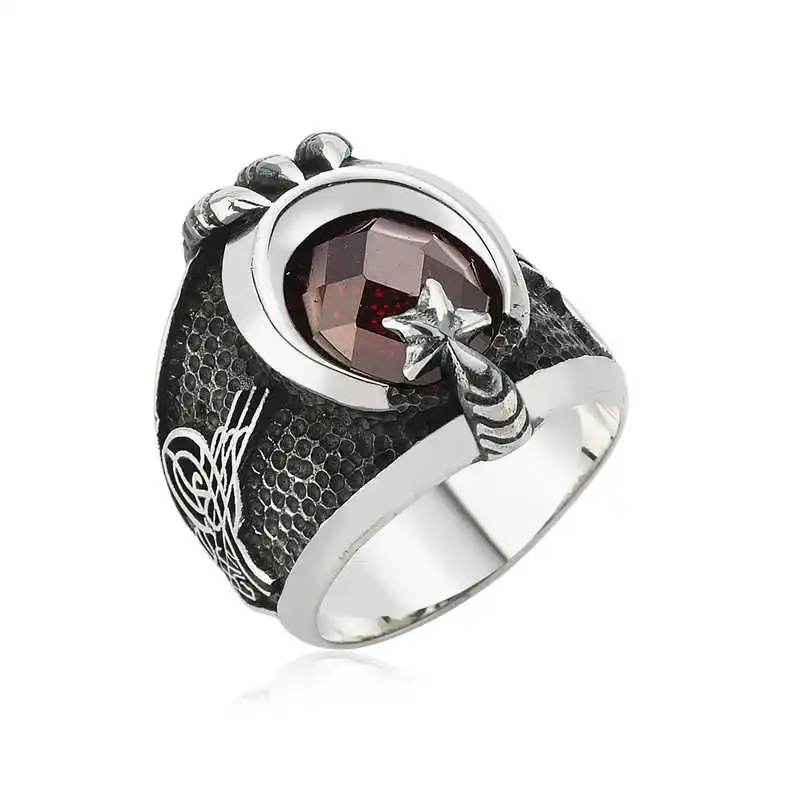 Silver Moon Star Tugra Men's Ring - 925 Sterling Men's Jewelry Wedding Birthday Gift - Box - Man - Fashion - Botiva - Size - Turkish - Patterned Embroidery