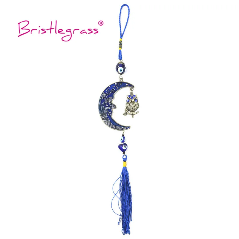 BRISTLEGRASS Turkish Blue Evil Eye Moon Owl Tassel Amulet Lucky Charm Car Wall Hanging Pendant Pendulum Blessing Protection Gift