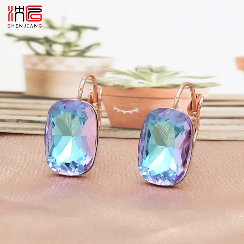 SHENJIANG New Elegant Square Crystal Dangle Earrings 585 Rose Gold Color Eardrop For Women Wedding Party Fashion Jewelry