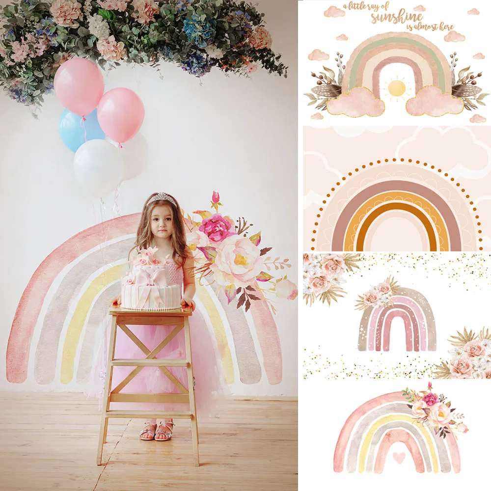 

Rainbow Cloud Newborn Birthday Party Photography Backdrop Golden Dots Cake Table Decoration Children Cake Smash Photo Background