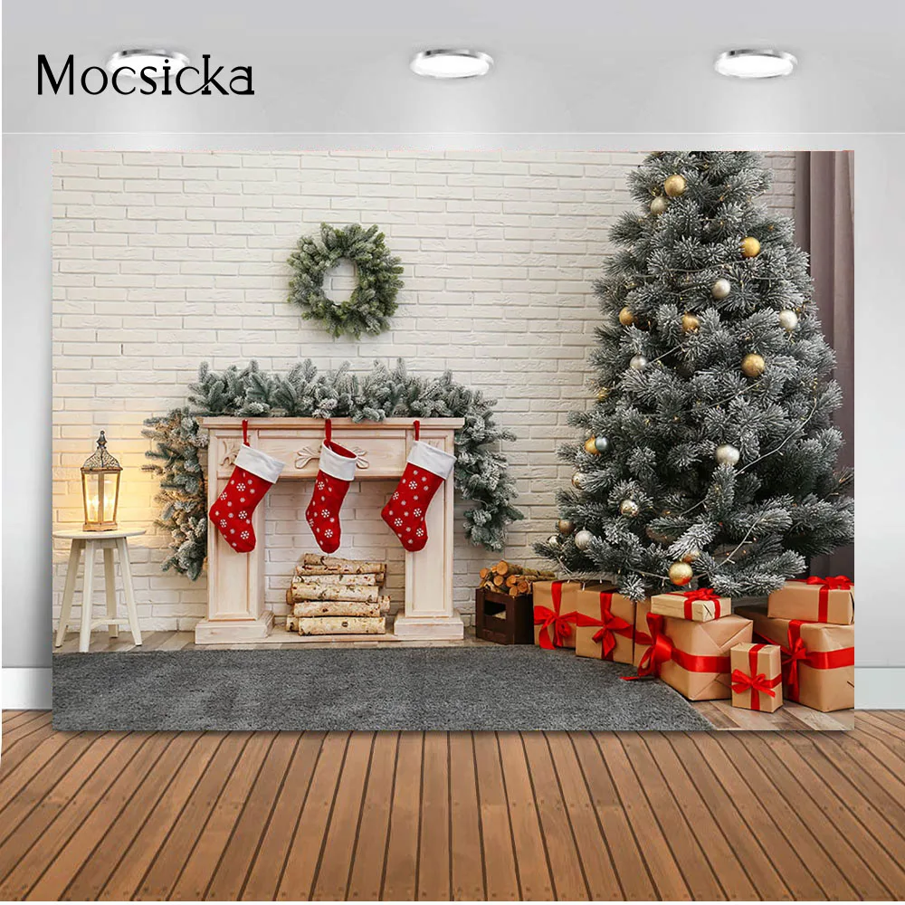 Christmas Backdrop White Brick Wall Portrait Photo Background Studio Gray Carpet Living Room Decoration Supplies Backdrop Prop