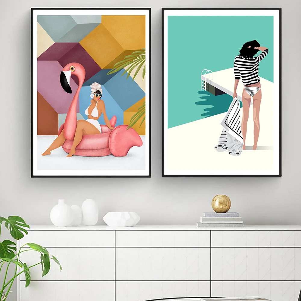 Modern Cartoon Summer Swimsuit Beauty Flamingo Posters Prints The Pier Canvas Painting Wall Art Pictures For Living Room Decor