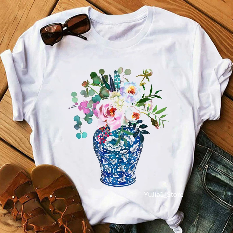 

Watercolor Ginger Jar Bouquet Print T-Shirt Women Painting Floral Botanical Tshirt Femme Summer Fashion T Shirt Female