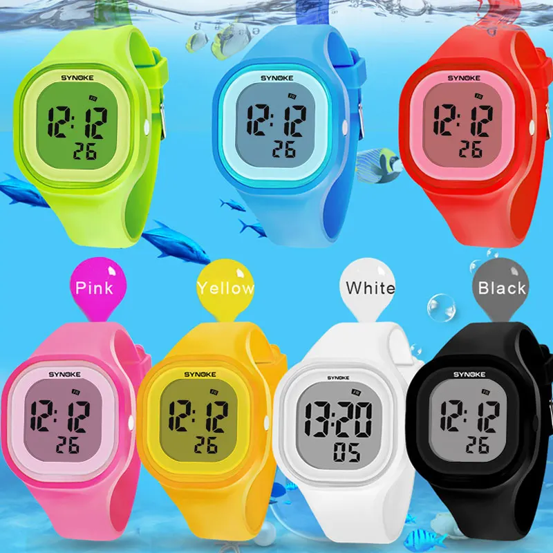 SYNOKE-reloj Digital LED para niños, cronógrafo de pulsera resistente al agua, con alarma, marca de moda