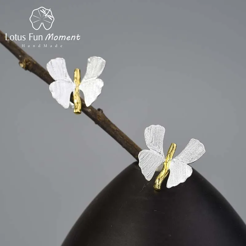 

Lotus Fun Moment 18-каратное золото, элегантные серьги-гвоздики с листьями гинкго и бабочкой для женщин, оригинальные ювелирные изделия из стерлингового серебра 925 пробы