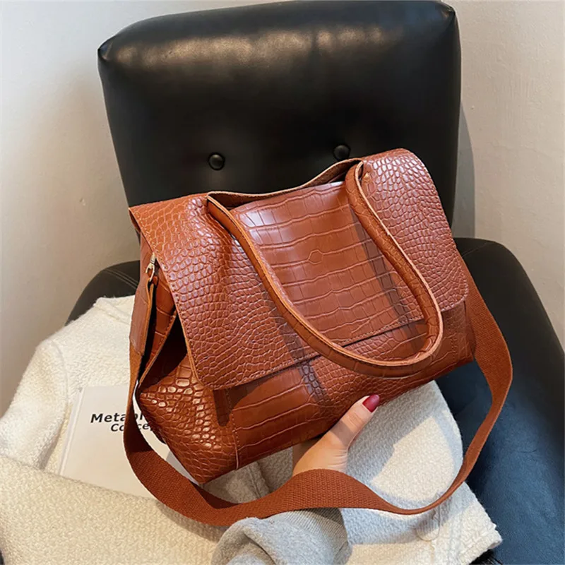 Crocodile Pattern Women Shoulder Messenger Bag Large Capacity Retro Flap Tote For Female Casual Pu Leather Solid Commute Handbag