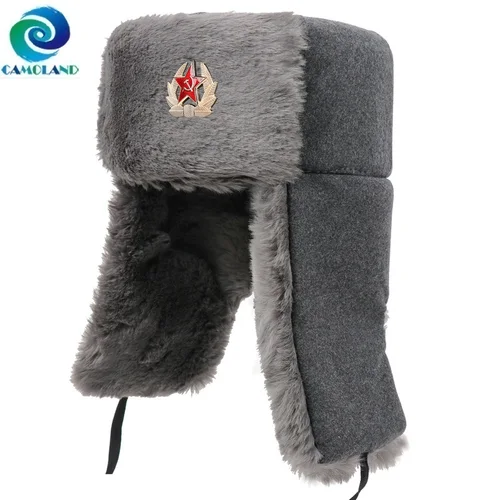 CAMOLAND insignia militar del ejército soviético sombrero de invierno para mujeres hombres sombreros de bombardero cálidos piel sintética térmica Rusia Ushanka gorras con orejeras