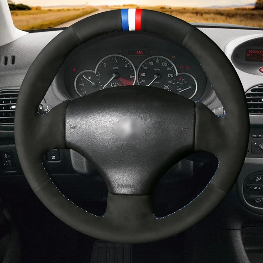 Hand-stitched Black Suede Car Steering Wheel Cover for Peugeot 206 1998-2005 206 SW 2003 2004 2005 206 CC 2004 2005