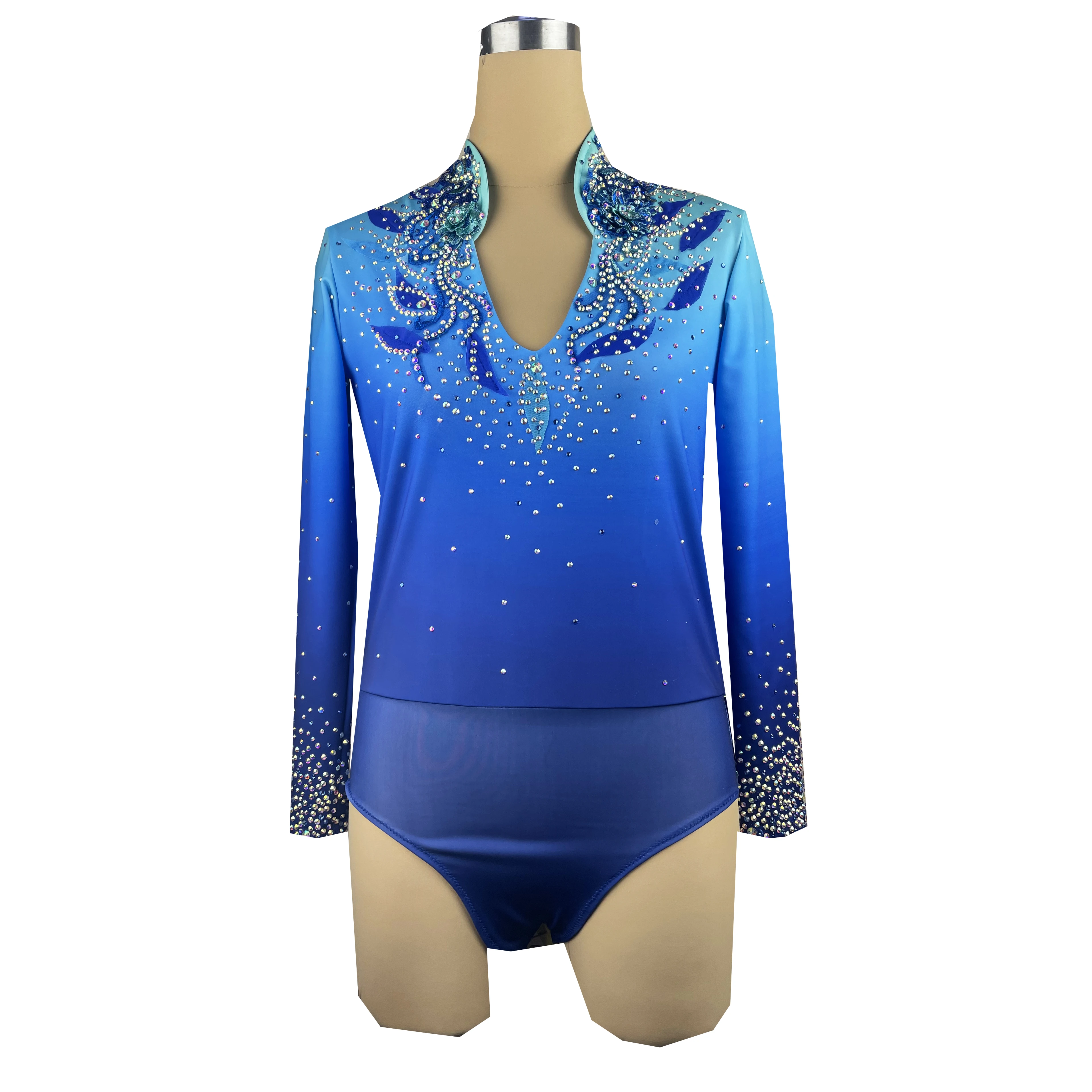 Blue Figure Skating Dress Long-Sleeved Ice Skating Skirt Spandex