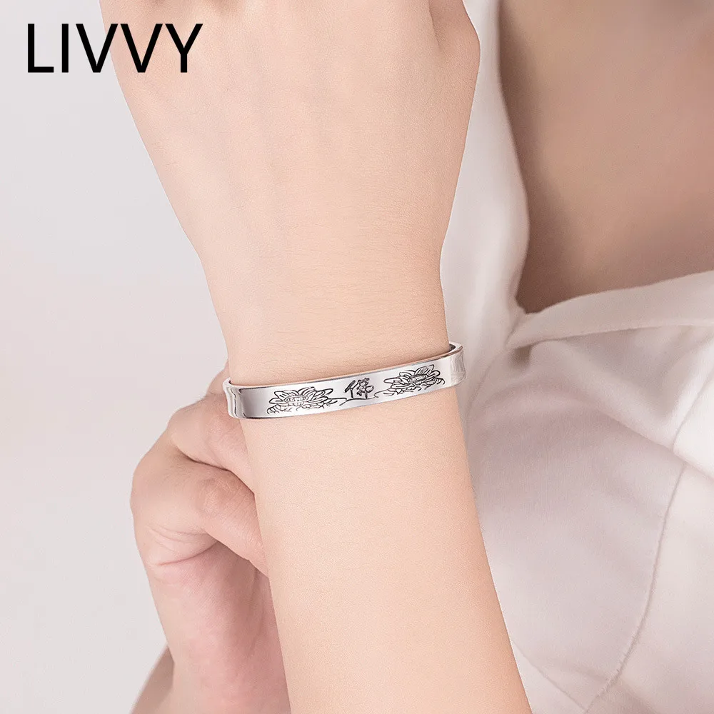 LIVVY New Arrived Thai Silver Color Lotus Pattern Sutra Cuff Bracelet for Women Religious Accessorie Fashion Simple Jewelry
