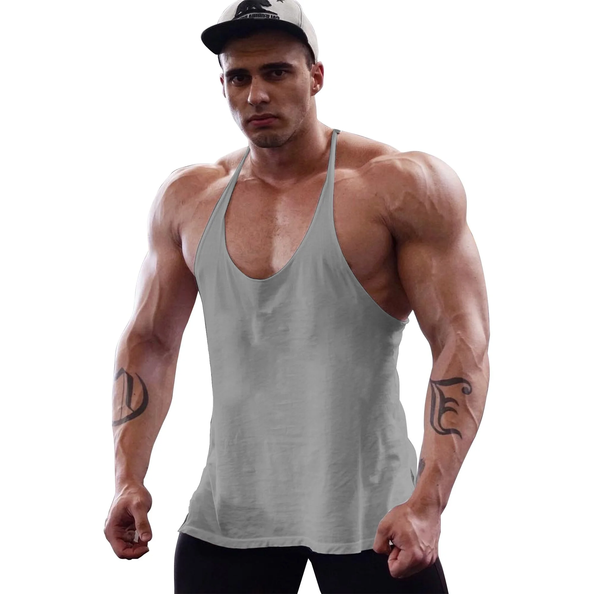Men\'s Gym Workout Bodybuilding Cotton Tank Tops Y Back Fitness Thin Shoulder Strap Muscle Fit Stringer Sleeveless Shirt