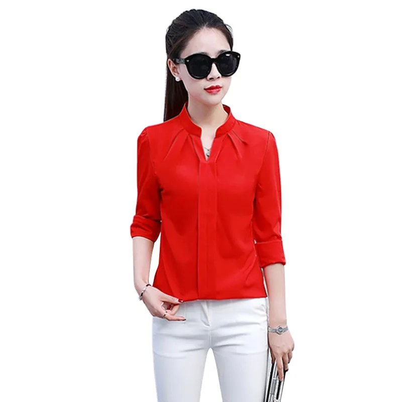 Sommer Frauen Chiffon-Bluse Shirts Damen Weiß Elegante Sexy V-ausschnitt Bluse Langarm Hemd Weibliche Büro Hemd 2020