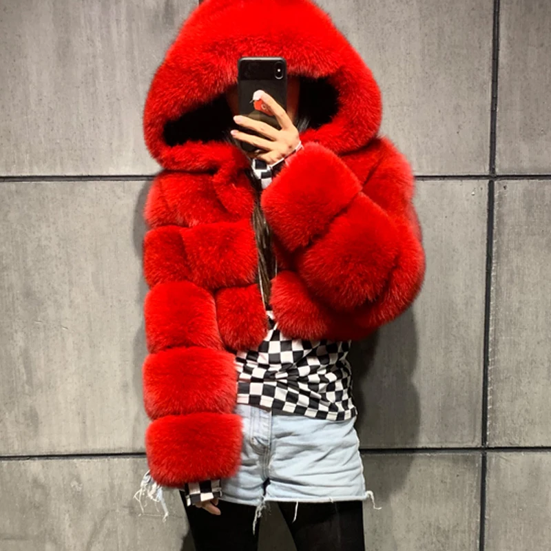 Winter Warm Fluffy Faux Fur Women Coat With Hood High Waist Fashion Slim Black Red Pink Faux Fur Jacket Fake Rabbit Fur Coats