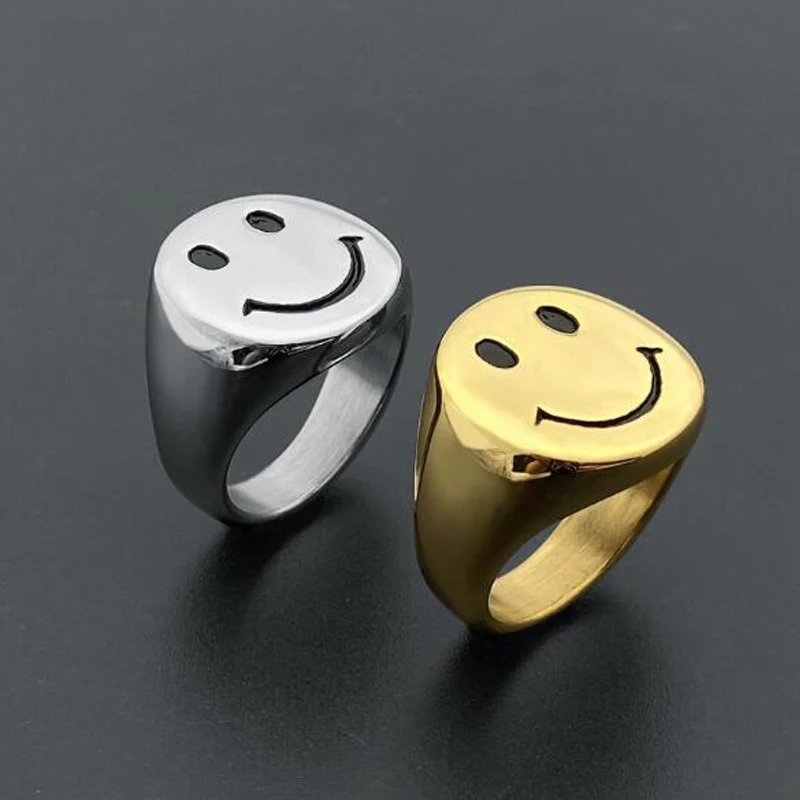Trendy Happy Smile Face Stainless Steel Ring Vintege Gathic Opening Adjustable Rings for Women Dropsshipping