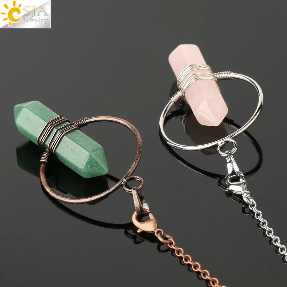 CSJA Natural Gem Stone Pendulums Crystal Healing Pointed Hexagon Pillar Circle Wire Wrap Dangle Pendant for Dowsing Pendule G375