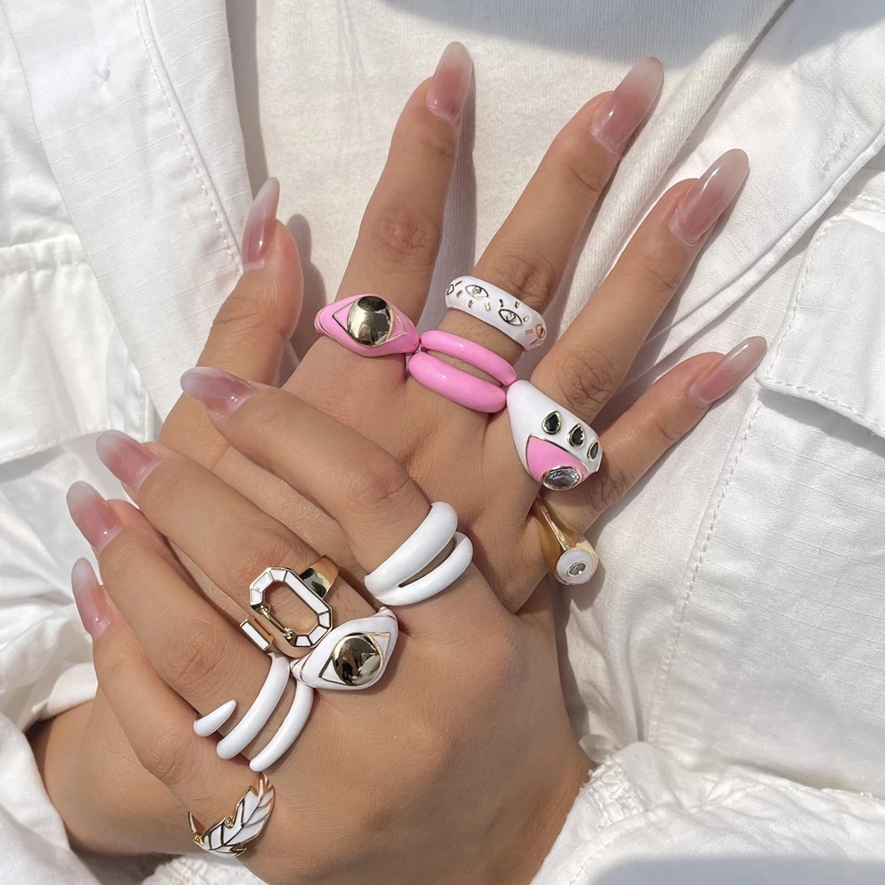 New Pink White Enamel Dripping Oil Ring Evil Eyes Rhinestone Geometric Irregular for Women Girl Trendy Jewelry HUANZHI 2021