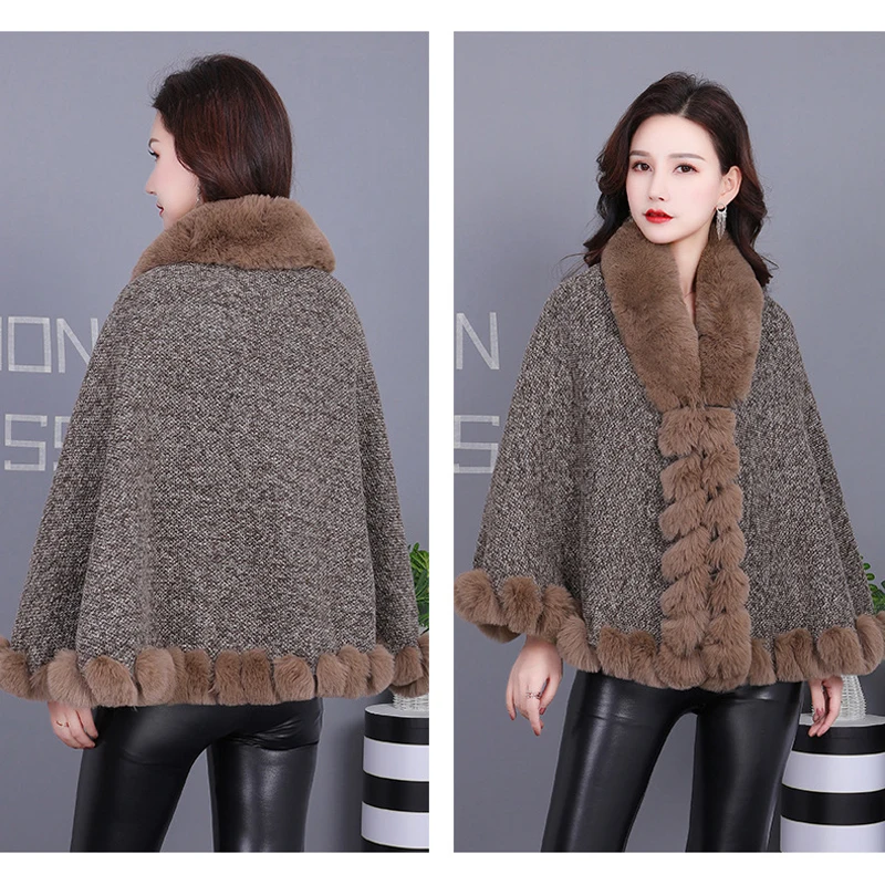 Fashion Elegant Full Handcraft String Faux Fur Trims Cape Coat Women Winter Woven Thicken Lining Outerwear Cloak Shawl