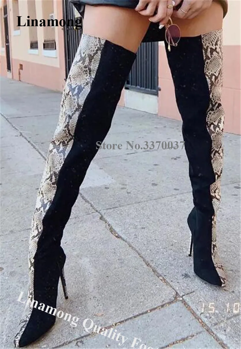 Linamong Newest Pointed Toe Snake Splice Black Over Knee Stiletto Heel Boots Sexy Patchwork Long High Heel Boots Club Dress Shoe