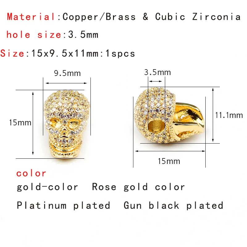 YHBZRET White Zircon Skull Pendant Copper Spacer beads Micro Pave Crystal Loose beads Jewelry making bracelet DIY Accessories