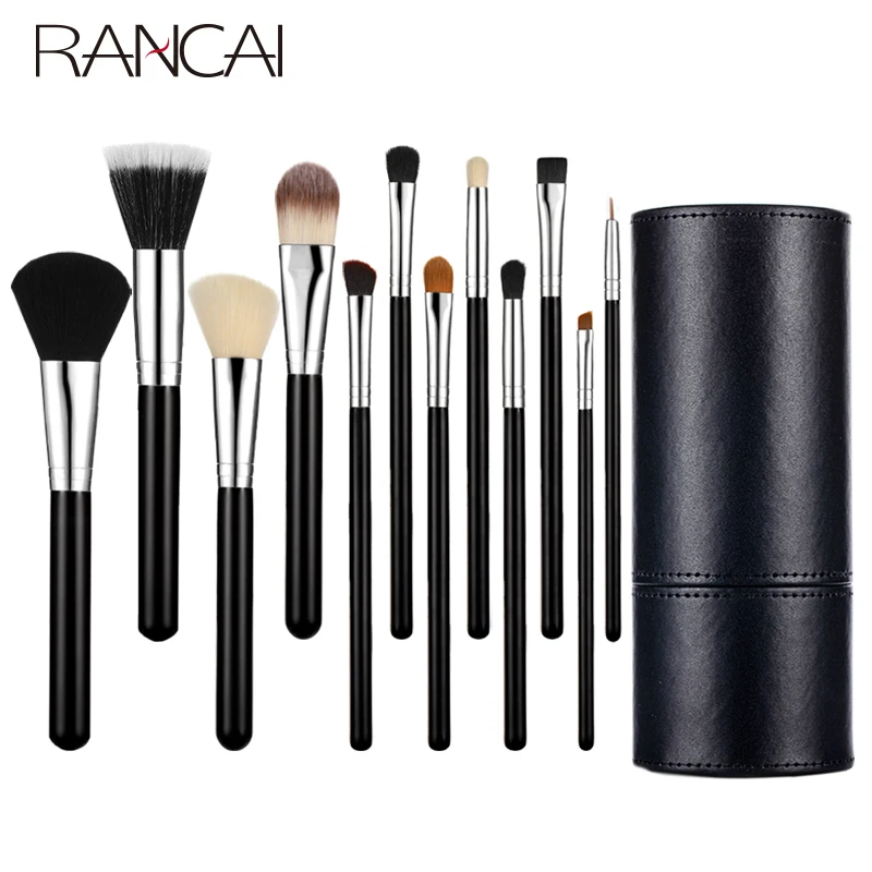 Rancai 12Pcs Professionele Make-Up Kwasten Set Stichting Grote Losse Poeder Contour Oogschaduw Eyeliner Wenkbrauw Met Zwarte Cilinder