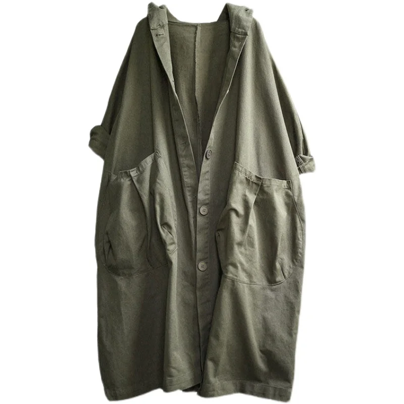 5544 Artsy Women Mid-Length Hooded Trench Coat Casual Simple All-Match Big Pocket Elegant Daily Fashion Urban Green Windbreaker
