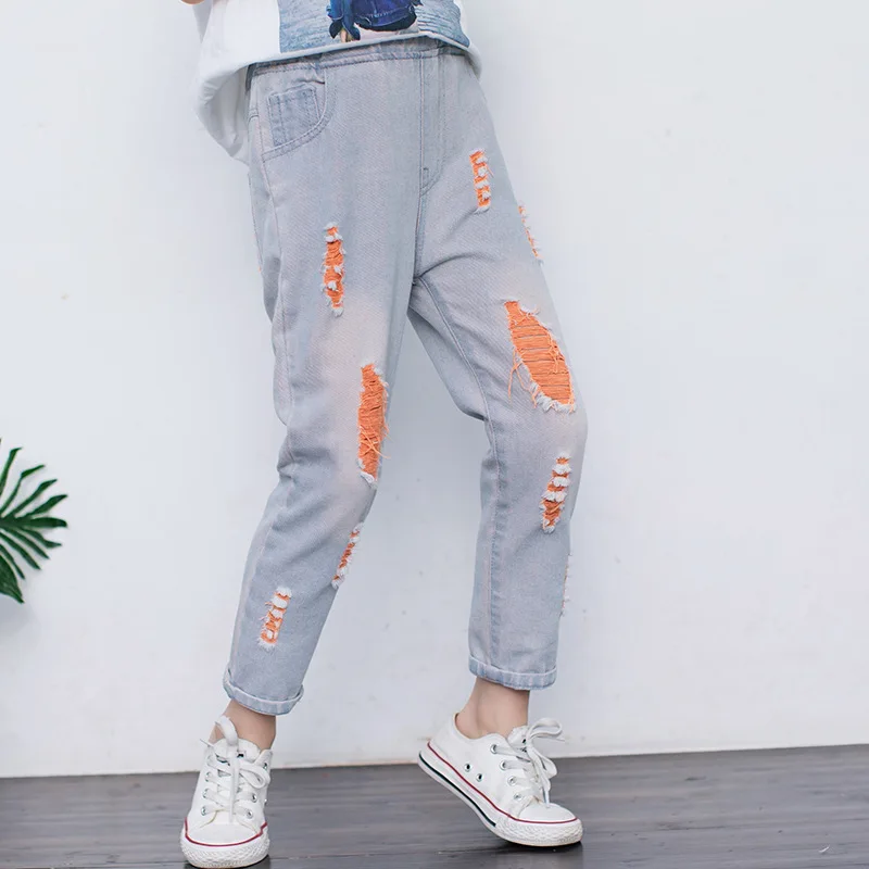 Spring and Autumn New Children Clothing Fashion All-match Solid Color Girl Ripped Jeans Korean Boys Trousers Straight Retro