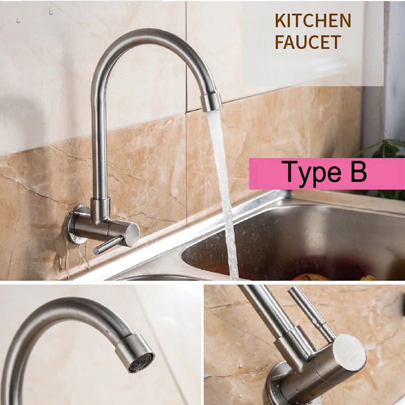G1/2 Stainless Steel Kitchen Faucet Brushed Process Swivel Sink Wall Faucet 360 Degree Rotation Single Cold Water Tap