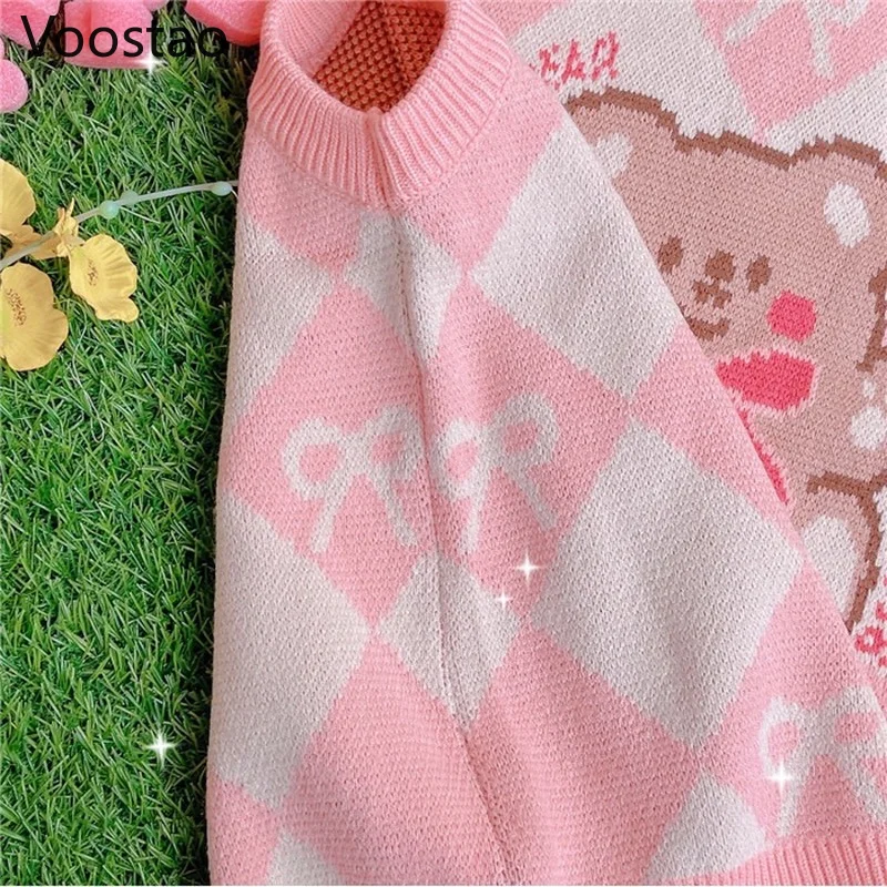 Japanese Cute Lolita Bow Baby Bear Jacquard Knitted Pullovers Spring Autumn Women Loose JK Sweater Vest Girly Sweet Waistcoat