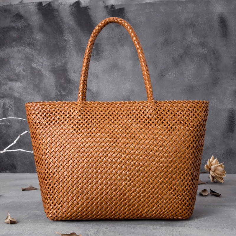 Real Leather Women Handbag retro Handmade Woven Totes Female Cowhide white weave Holiday Big Bag Causal Soft Handbags