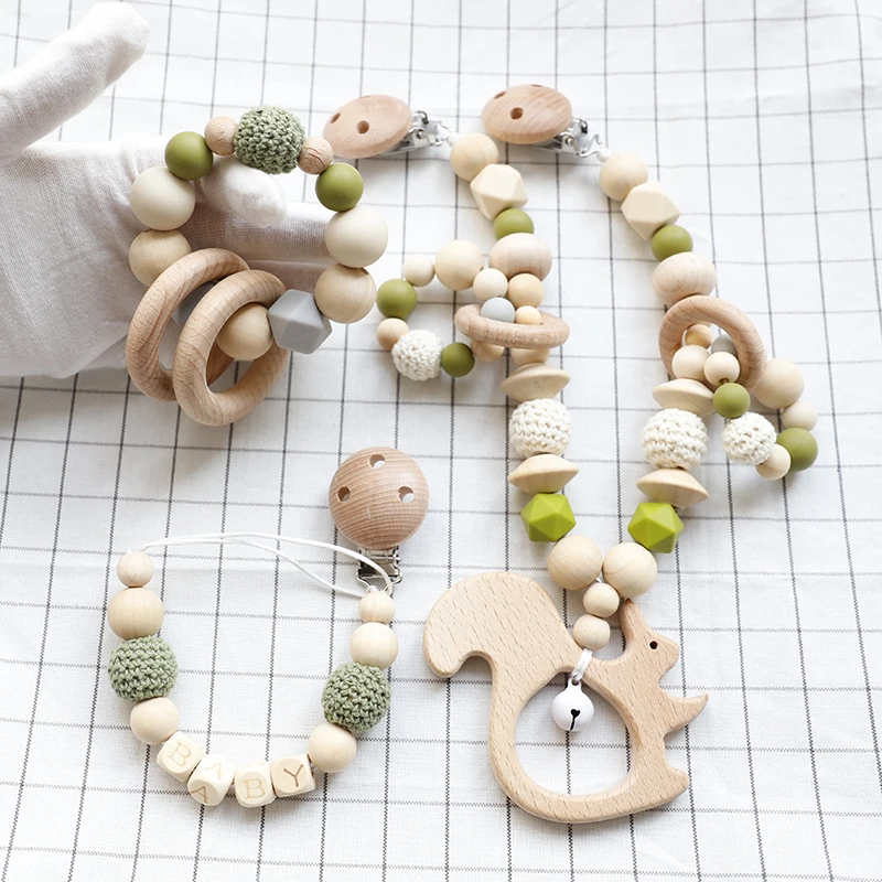 3 pz/1set accessori per passeggino doccia per neonati regalo per allattamento per sonaglio Montessori giocattoli per bambini in legno di faggio masticabili ecologici