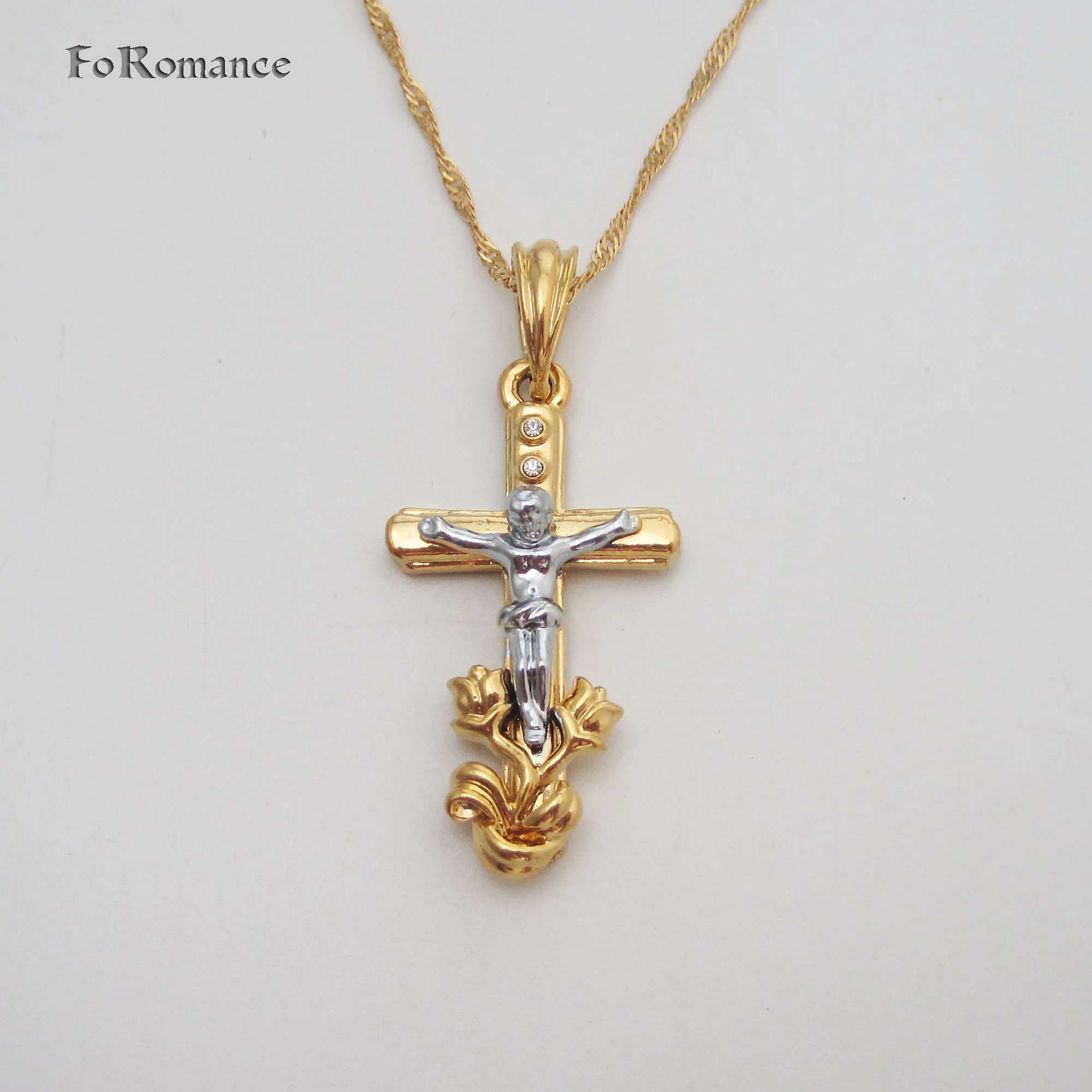 Men Woman YELLOW GOLD Plated 18INCH WATER WAVE NECKLACE& White Gold Plated JESUS CROSS GOD CZ STONES ROSE PENDANT Great Gifts