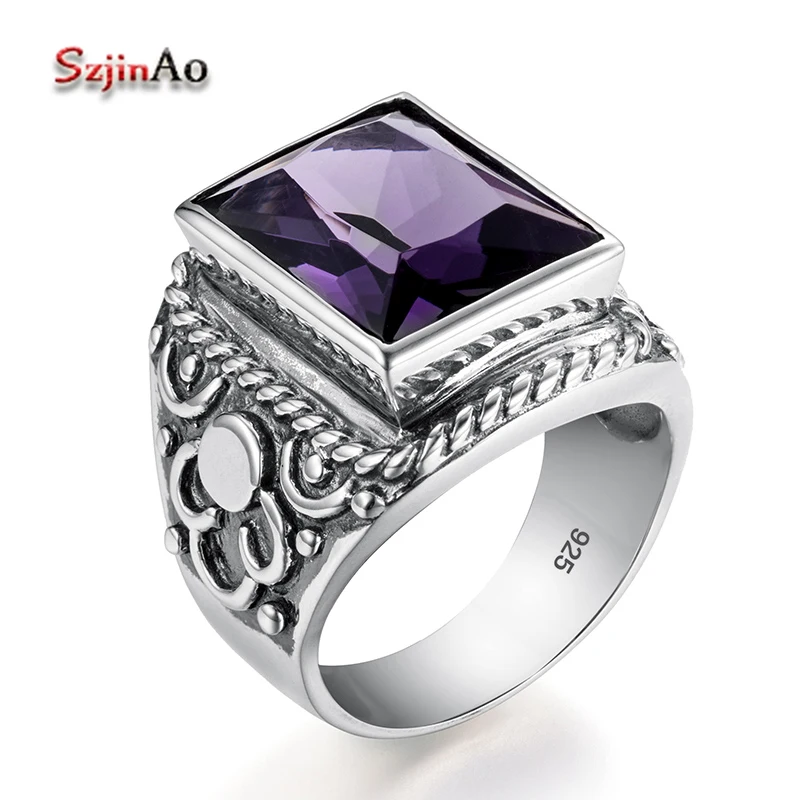 Prawdziwe 925 Sterling Silver ciężkie sygnet pierścionki męskie masywne ametyst 12*16mm kamień Party mężczyzna w stylu Vintage biżuteria prezent dla męża Top