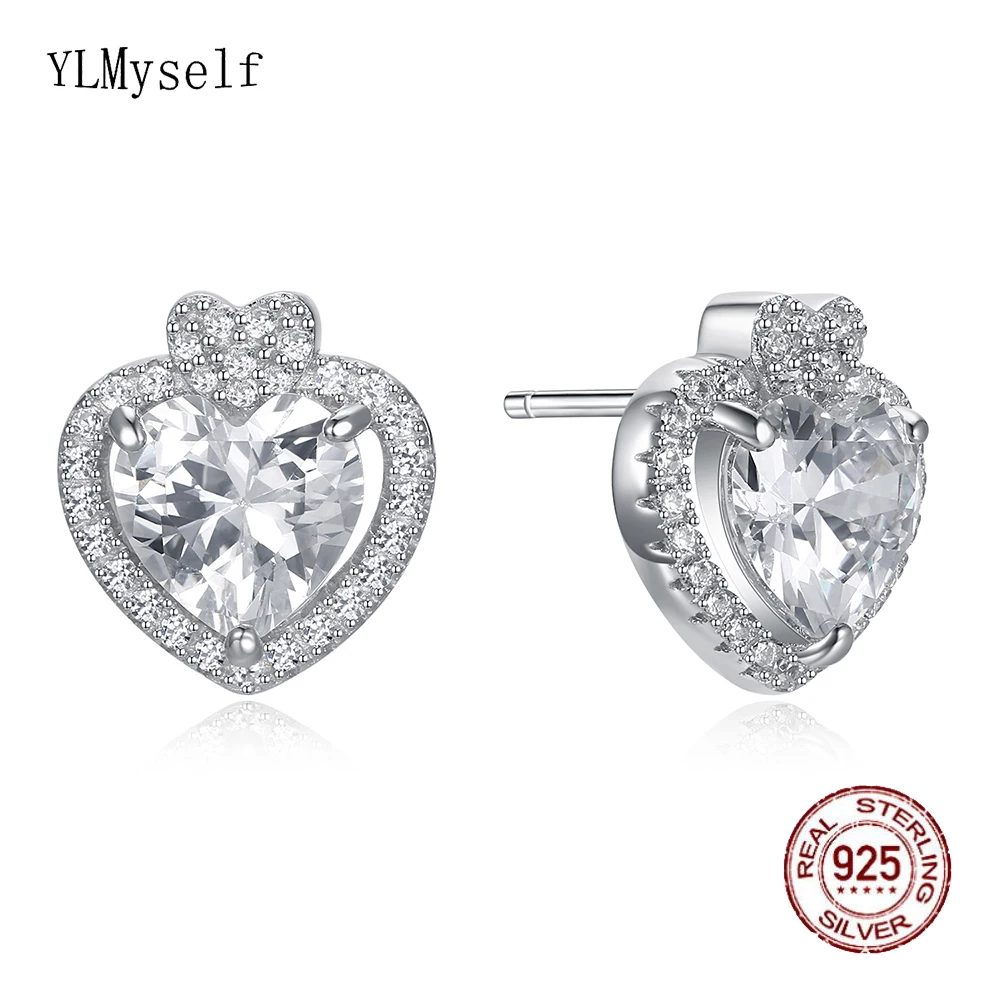 Cute lovely real 925 stud earrings cz crystal jewelry quickly ship jewellery Elegant sterling silver heart design earring