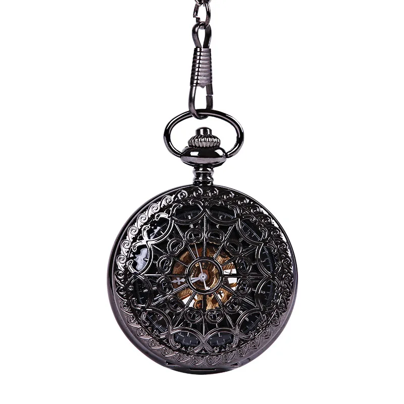 

Retro Trend Black Spider Web Open Digital Mechanical Pocket Watch with Chain Men's and Women's Accessories