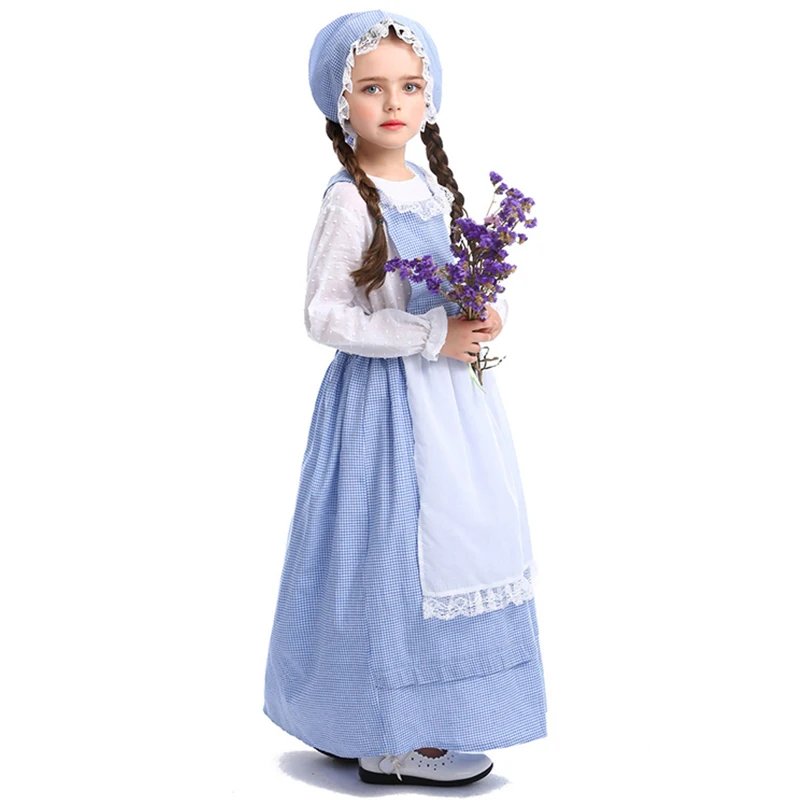 Carnival Halloween Girl Little House Costume Early American Pioneer Olden Day Prairie Girl Cosplay Fancy Party Dress