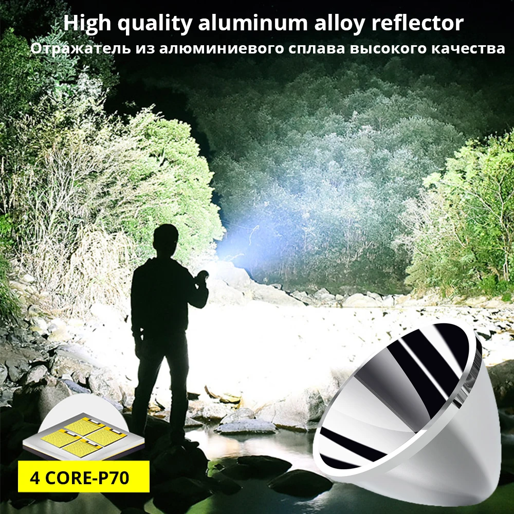 High Power LED Flashlight With 4 Core P70 Lamp bead and Touch switch, Military grade workmanship Glare Torch, IPX-6 Waterproof