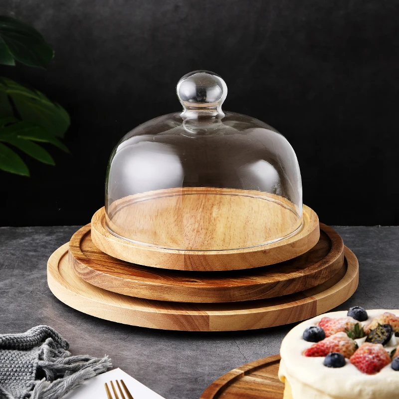 Plateau rond en bois d'acacia avec couvercle en verre rotatif, assiette à dessert, thé de l'après-midi, collation aux fruits, plat à pain